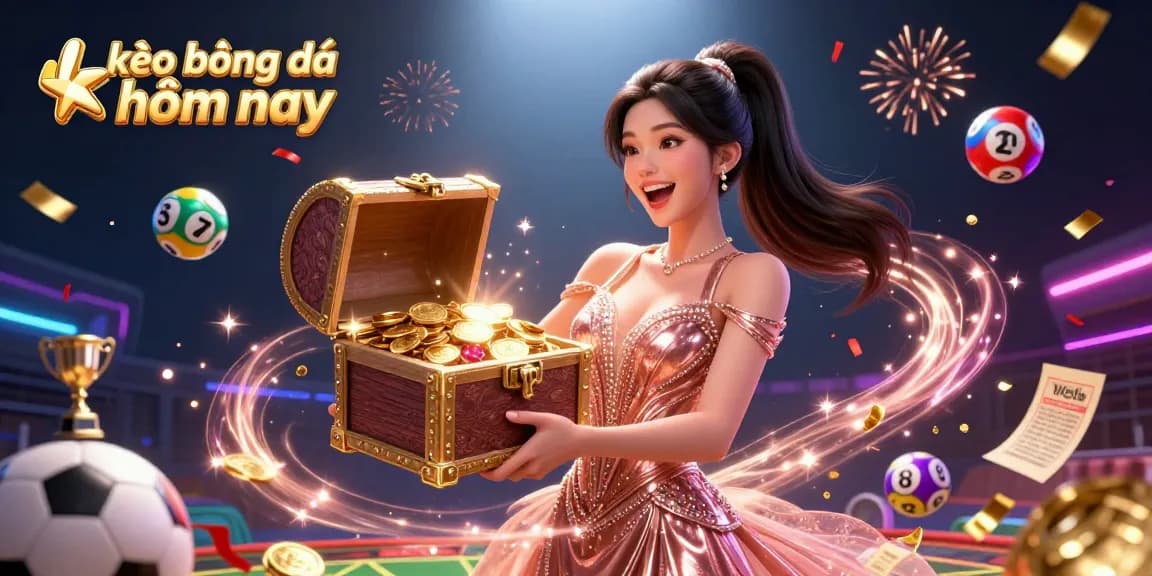 Experience thrilling kèo bóng đá hôm nay with vibrant 3D illustration featuring sports elements and treasures.