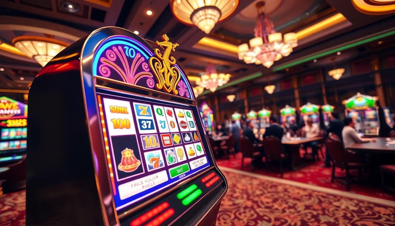 Spiele Casinospiele.de am lebhaften Spielautomaten in einem luxuriösen Casino-Ambiente.