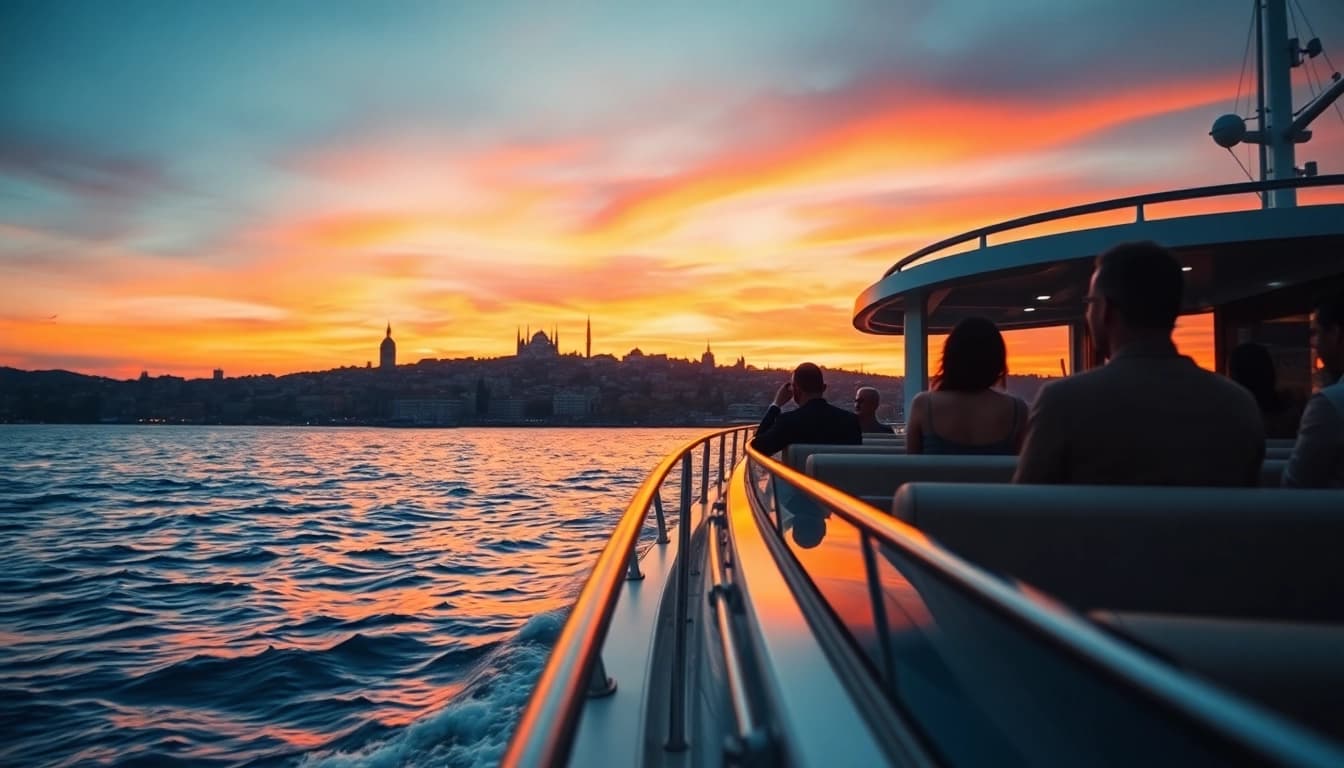Bosphorus sunset cruise mit Passagieren, die die atemberaubende Aussicht und den orangefarbenen Himmel genießen.