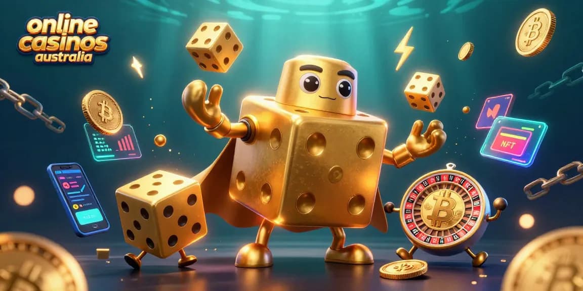 Immerse in the world of online casinos australia with vibrant 3D golden dice golem and crypto elements.