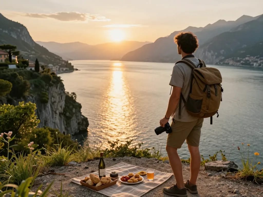 Gardasee Reisetipps: Malerische Sonnenuntergangsansicht am Gardasee mit Reisenden, die die Natur genießen.