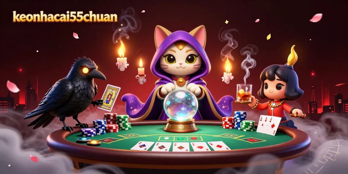 Engage in thrilling poker with keonhacai55chuan and a vibrant mystical 3D scene.