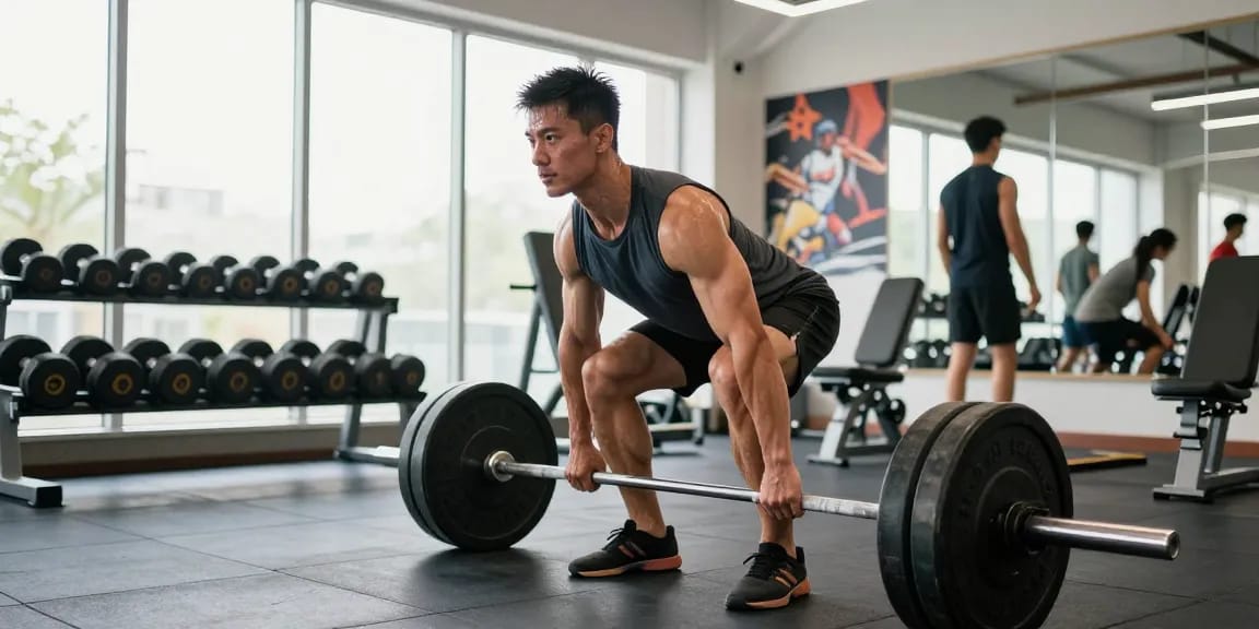 Anabolika Shop Deutschland: Bodybuilder beim Deadlift-Training in modernem Fitnessstudio, starke Athmosphäre.