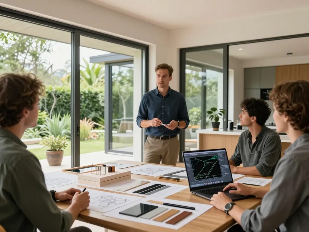 Architekt, der innovative Fensterbau-Designs in einer modernen Wohnumgebung mit großen Fenstern und Grünflächen diskutiert.
