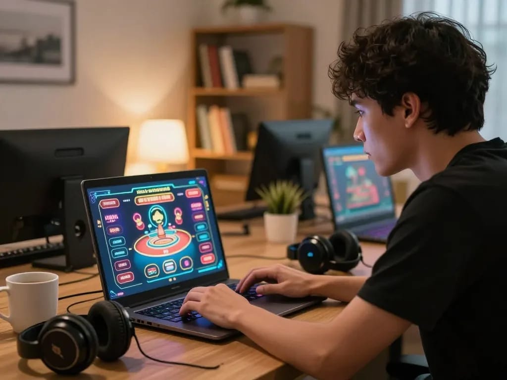 Person immersed in online gaming at Nhà cái F168, interacting with dynamic casino visuals.