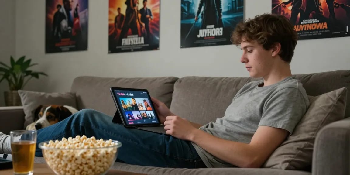 Engaging leisure moment using the Filmyzilla app on a tablet in a cozy living room with popcorn and drinks.