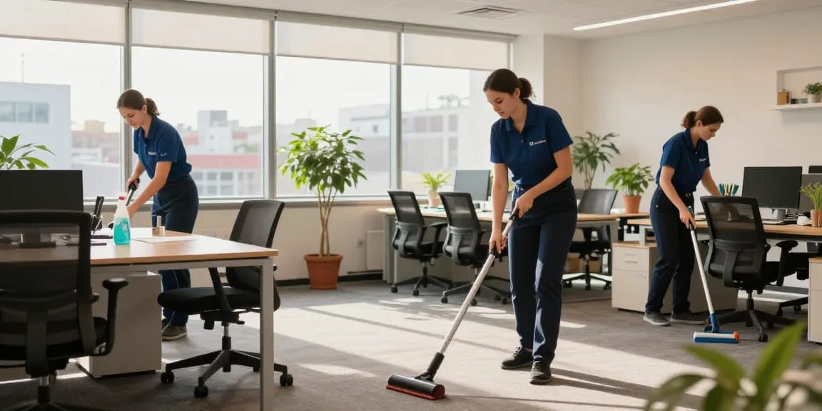 Underhaltsreinigung Bern in a modern office, showcasing a professional cleaning team ensuring a pristine work environment.