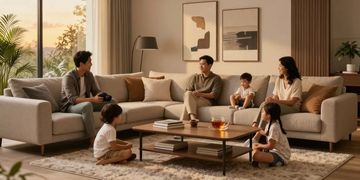 Möbel kaufen in einem gemütlichen modernen Wohnzimmer mit einem stilvollen Ecksofa und familiärem Komfort