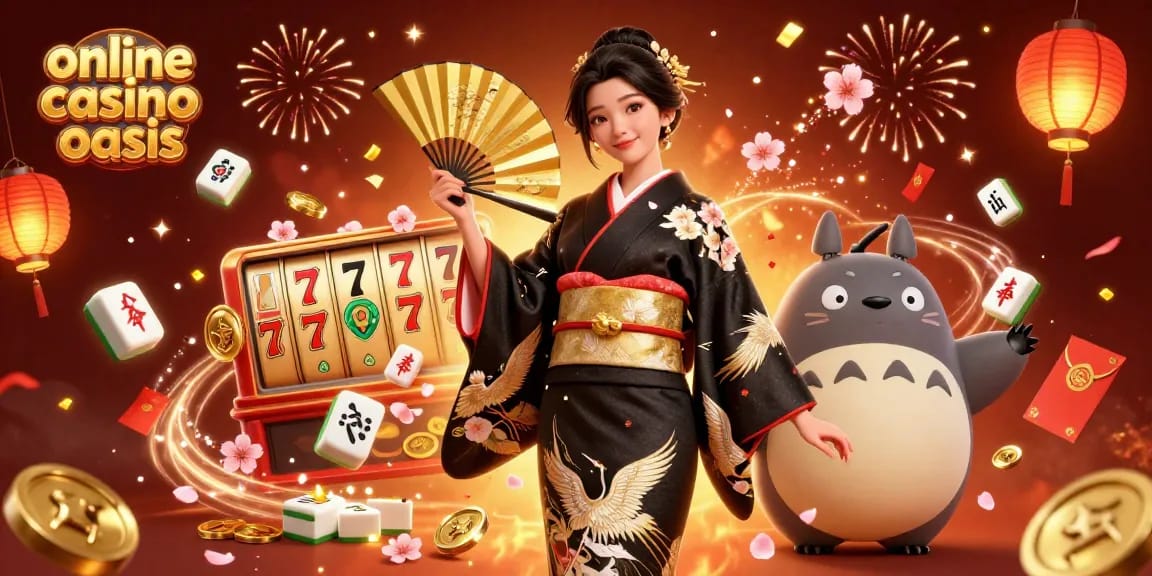 Experience the excitement of online casino ohne oasis with a vibrant 3D scene featuring a kimono-clad woman and a tanuki.