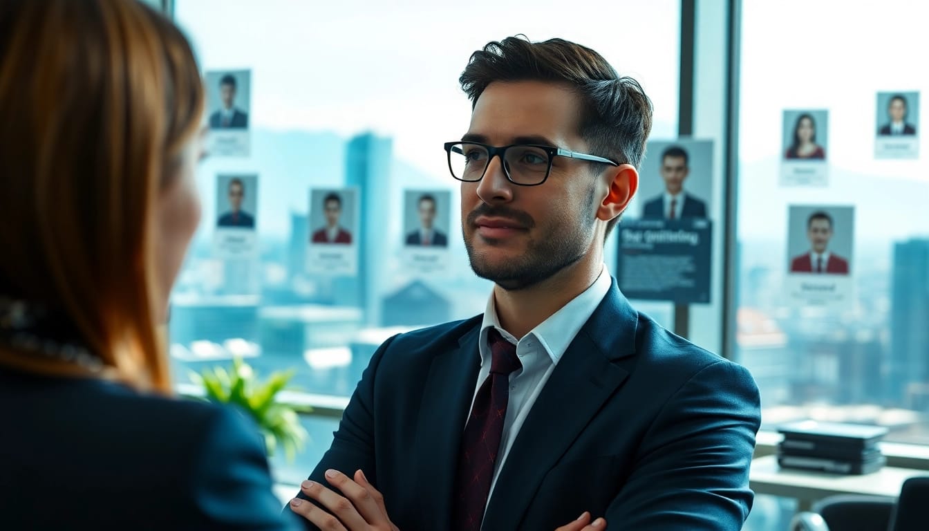 Headhunter Schweiz berät Klienten in einem modernen Büro mit Skyline im Hintergrund.