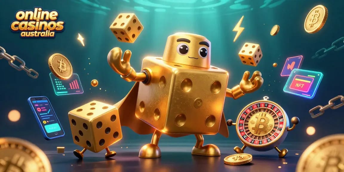 Immerse in the world of online casinos australia with vibrant 3D golden dice golem and crypto elements.