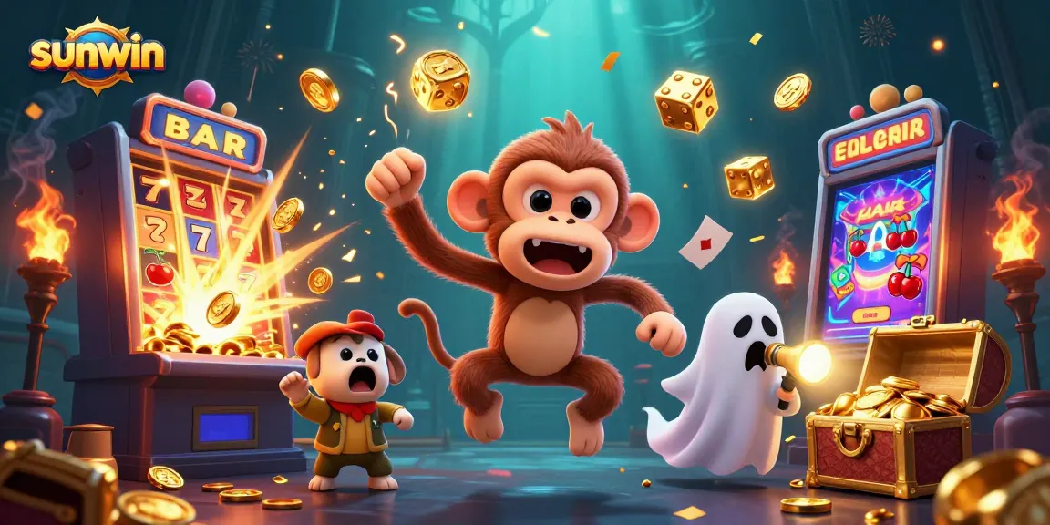 Sunwin casino showcases a mischievous poltergeist monkey juggling gold objects in a vibrant haunted setting.