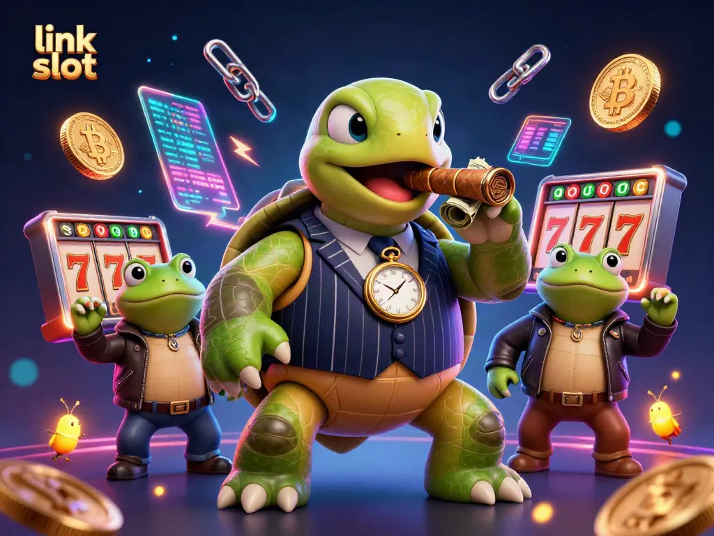 Win big today with link slot's vibrant casino experience featuring a turtle mobster and jackpot symbols.