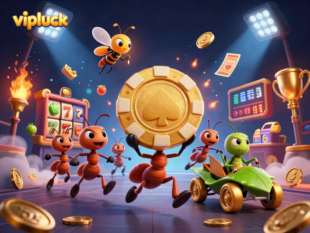 Experience the excitement of vipluck with ants pulling off a jackpot heist in a dynamic casino scene.
