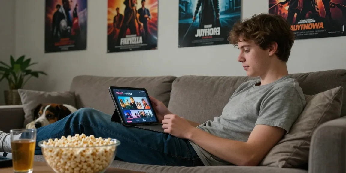 Engaging leisure moment using the Filmyzilla app on a tablet in a cozy living room with popcorn and drinks.
