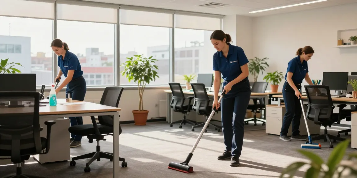 Underhaltsreinigung Bern in a modern office, showcasing a professional cleaning team ensuring a pristine work environment.