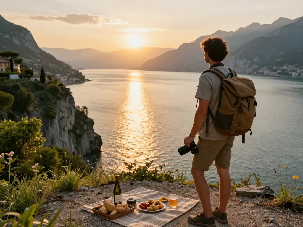 Gardasee Reisetipps: Malerische Sonnenuntergangsansicht am Gardasee mit Reisenden, die die Natur genießen.