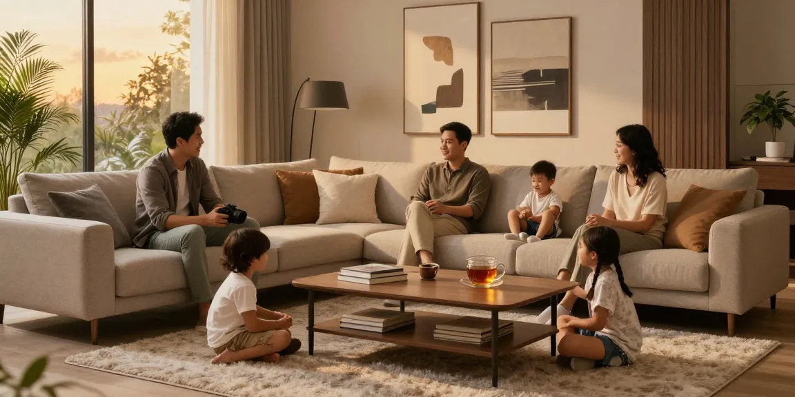 Möbel kaufen in einem gemütlichen modernen Wohnzimmer mit einem stilvollen Ecksofa und familiärem Komfort