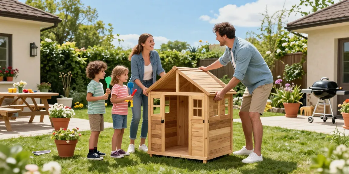 Familie baut Gartenhäuser im schönen Garten auf, Freude und Entspannung in der Natur.