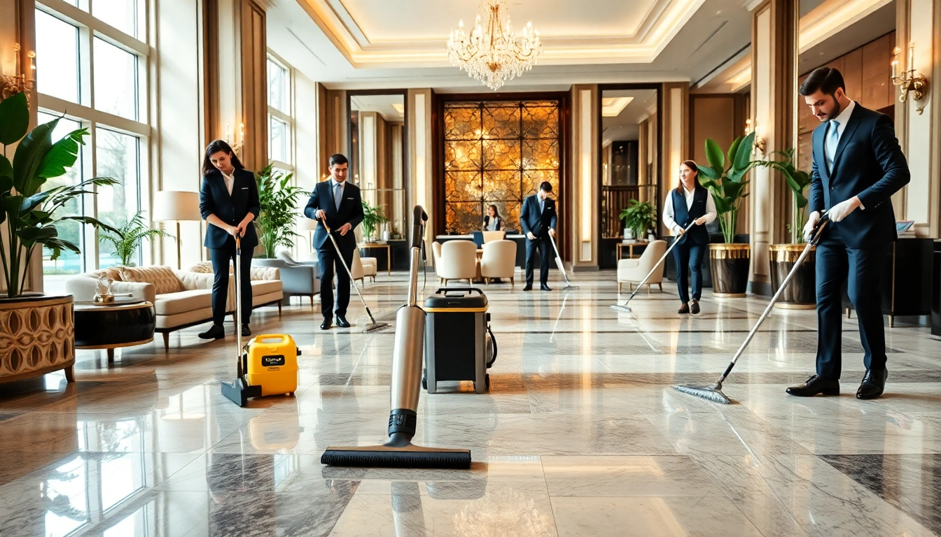 Effektive hotelreinigung berlin mit professionellen Reinigungskräften in einem eleganten Hotellobby.