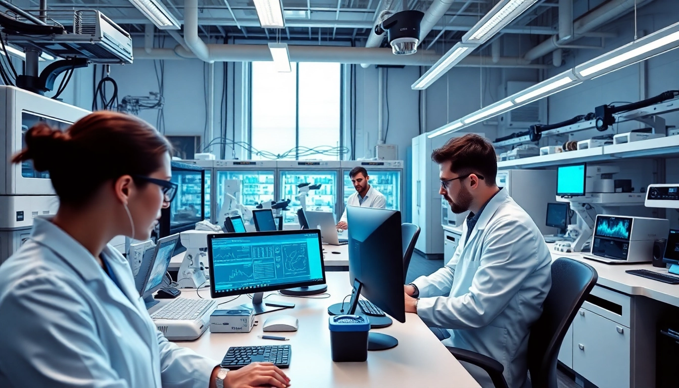 Digitale Loesungen in einem modernen Laboransatz, Wissenschaftler interagieren aktiv.