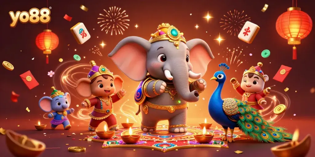 Play exciting games at yo88 with a vibrant festival-themed illustration featuring unique casino elements.