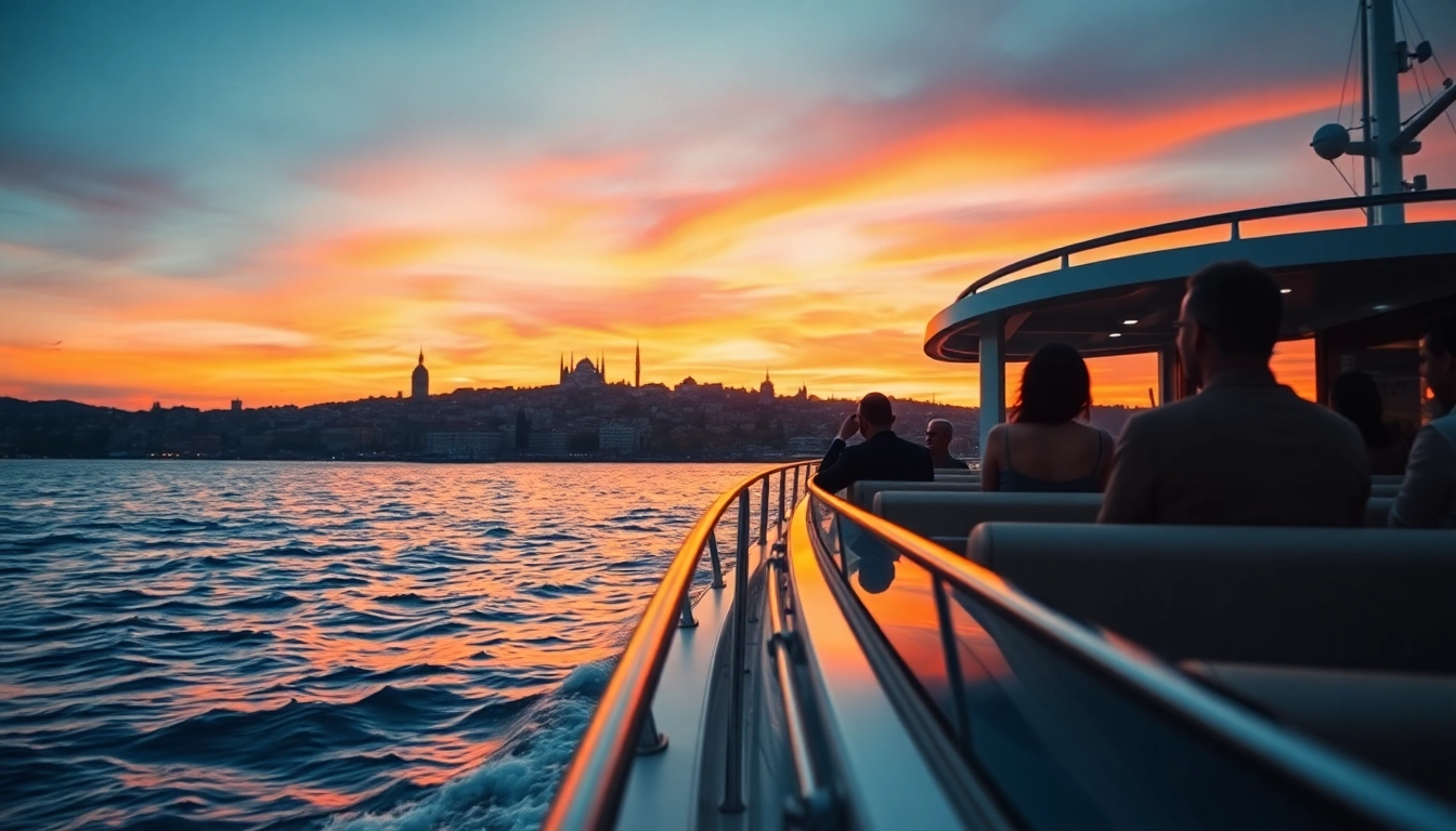 Bosphorus sunset cruise mit Passagieren, die die atemberaubende Aussicht und den orangefarbenen Himmel genießen.