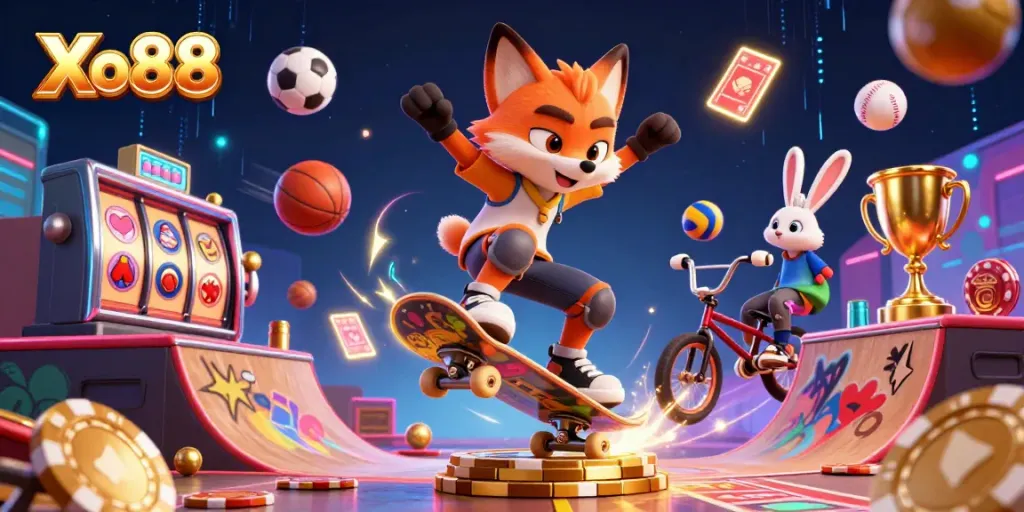 Xo88 engages players with animated casino excitement featuring a skateboarder fox and BMX rabbit in a vibrant scene.