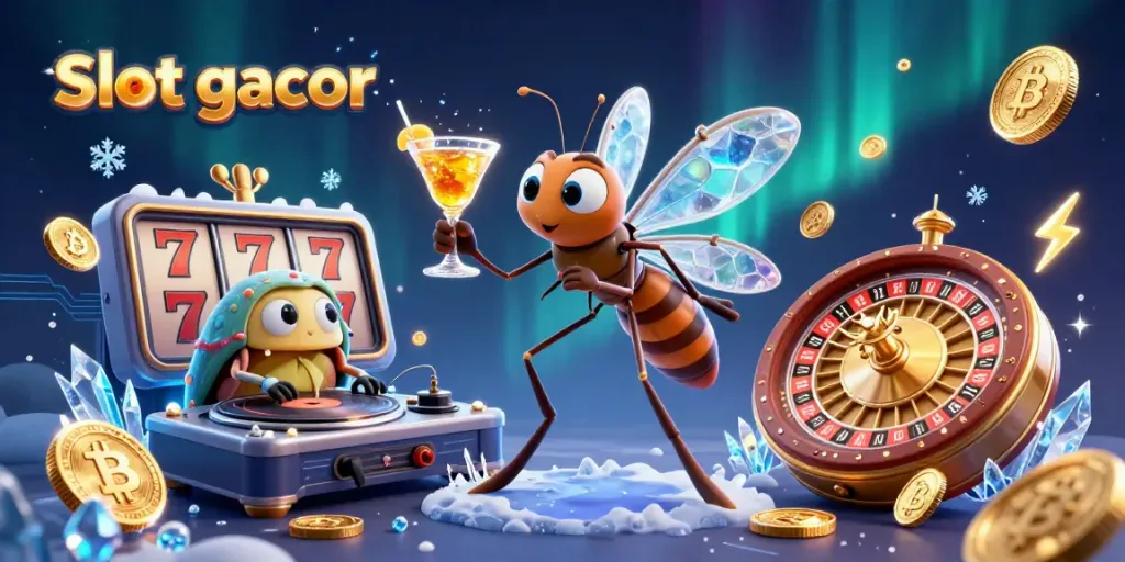 Engage with slot gacor as a frozen mosquito mascot enjoys a golden cocktail amidst casino elements.