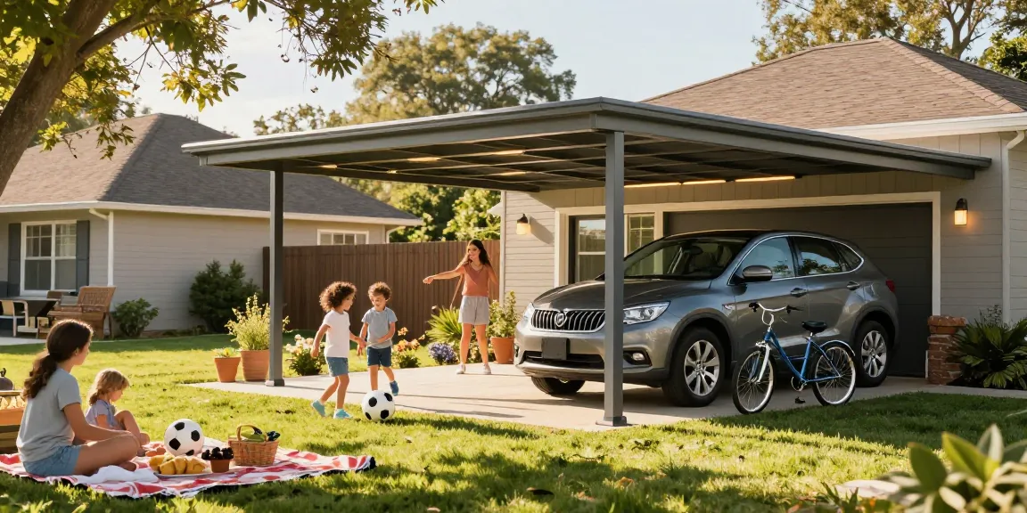 Moderne Carport-Installation, Familie genießt den sonnigen Tag unter dem Carport mit Auto, spielende Kinder, einladende Atmosphäre.