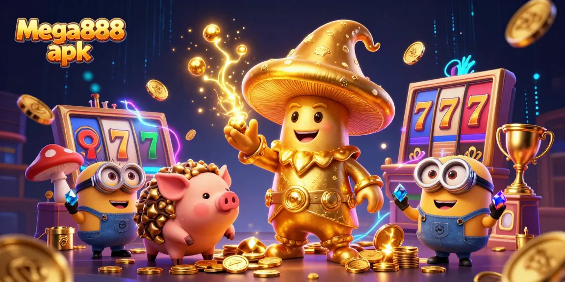 Experience the thrill of Mega888 APK with golden wizard and treasure, capturing the magic of slot games.