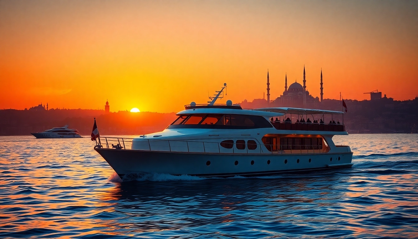 Bosphorus sunset cruise auf ruhigen Gewässern mit der Silhouette Istanbuls im Hintergrund.