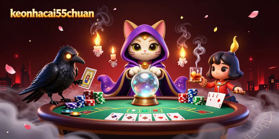 Engage in thrilling poker with keonhacai55chuan and a vibrant mystical 3D scene.