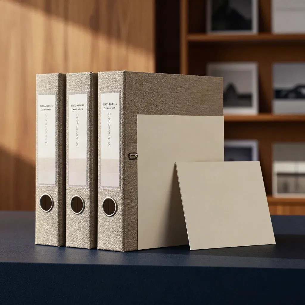 Drei aufrechte Portfolio-Ordner und eine Kontaktmappe auf dunklem Sockel im warmen Studiolicht.