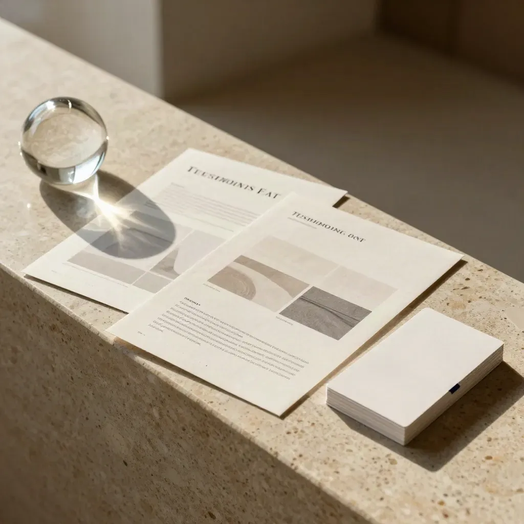 Zwei Referenz-Proof-Sheets mit Glasobjekt und Kartenstapel auf warmem Travertin.