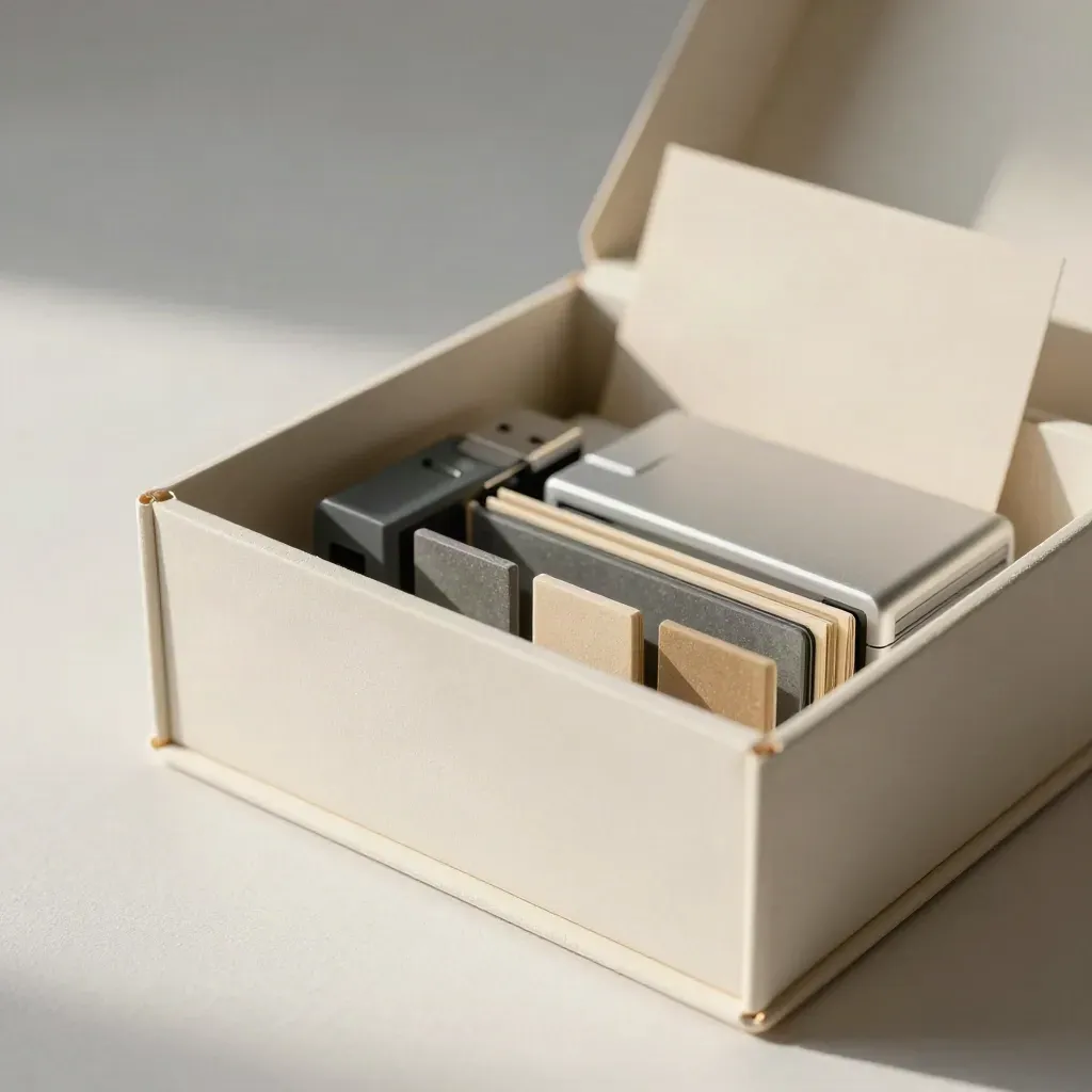 Offener Archivkasten mit farbcodierten Laschen, USB-Stick und Kartenleser auf hellem Putzgrund.