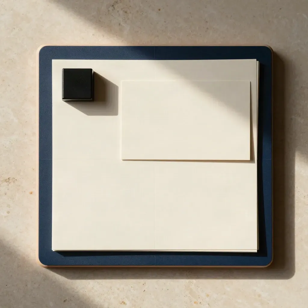 Overhead-Flatlay mit Layout-Board, Magnetstreifen, Kartenstapel und schwarzem Prototyp-Block.