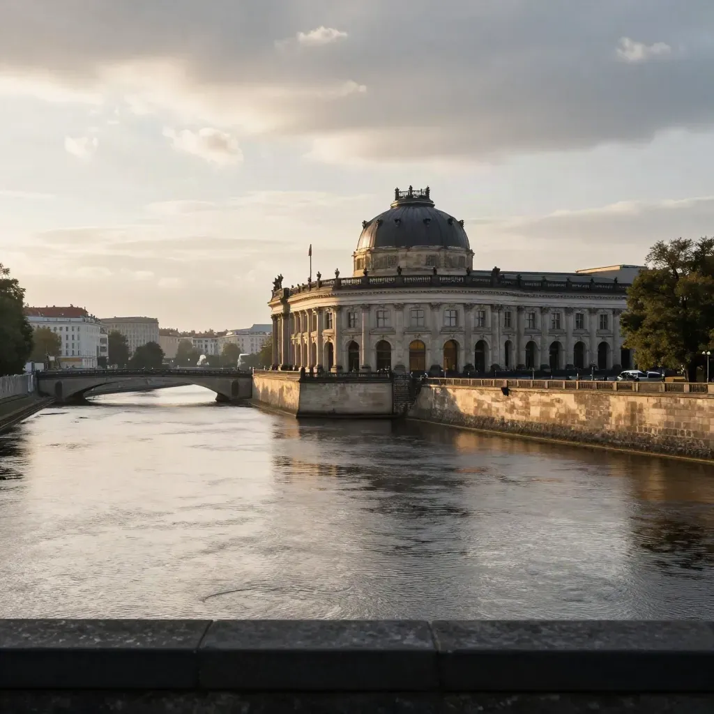 Museum Island über der Spree im goldenen Abendlicht, Potsdamer Sandstein im Dunst