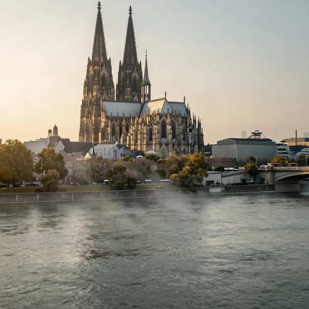 Der Kölner Dom über dem Rheinbogen im Abenddunst, hohe Ansicht, viel ruhige Fläche.