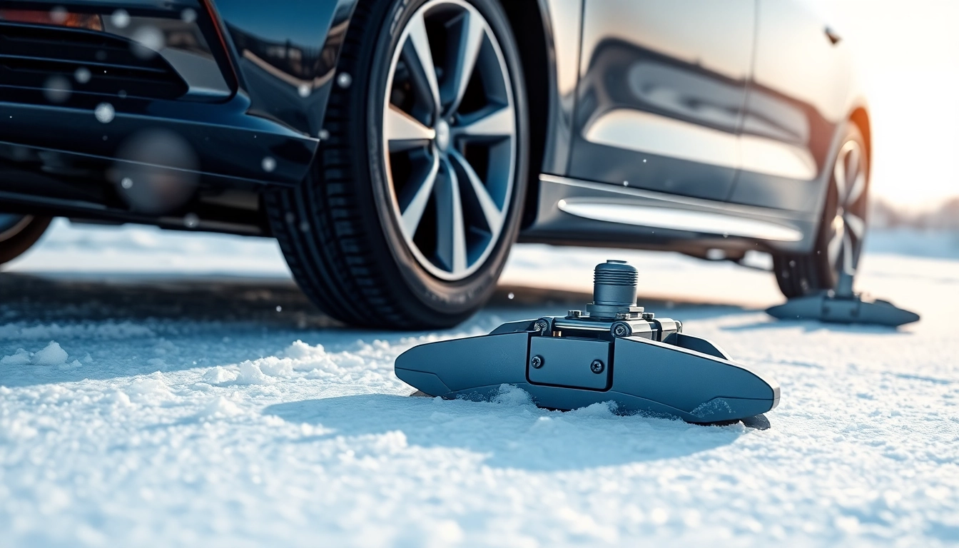 Auto Kufen am Fahrzeug auf schneebedeckter Fläche, bereit für actionreiche Fahrten.