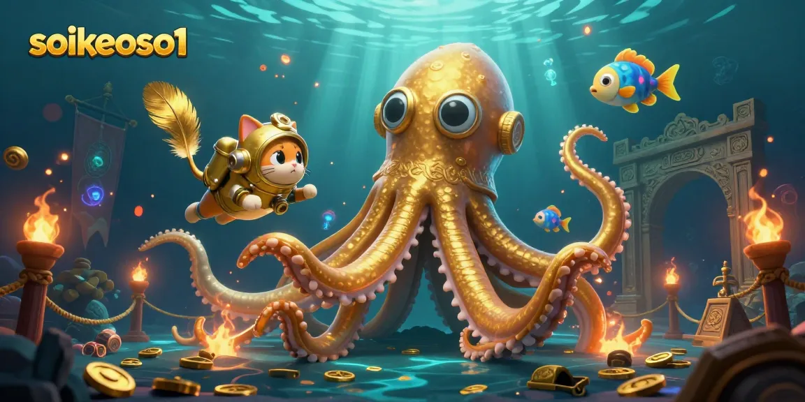 Engage with thrilling games at soikeoso1 featuring a vibrant kraken amid swirling gold coins and underwater treasures.