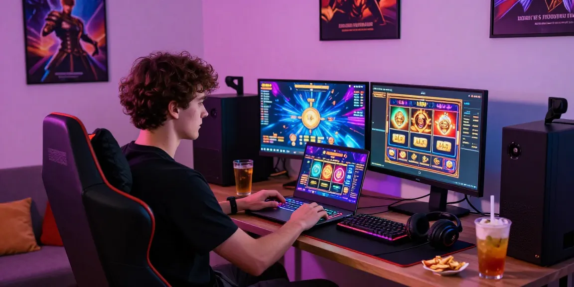 Dynamic gaming experience with สล็อตเว็บตรง slot games on laptop and colorful graphics.