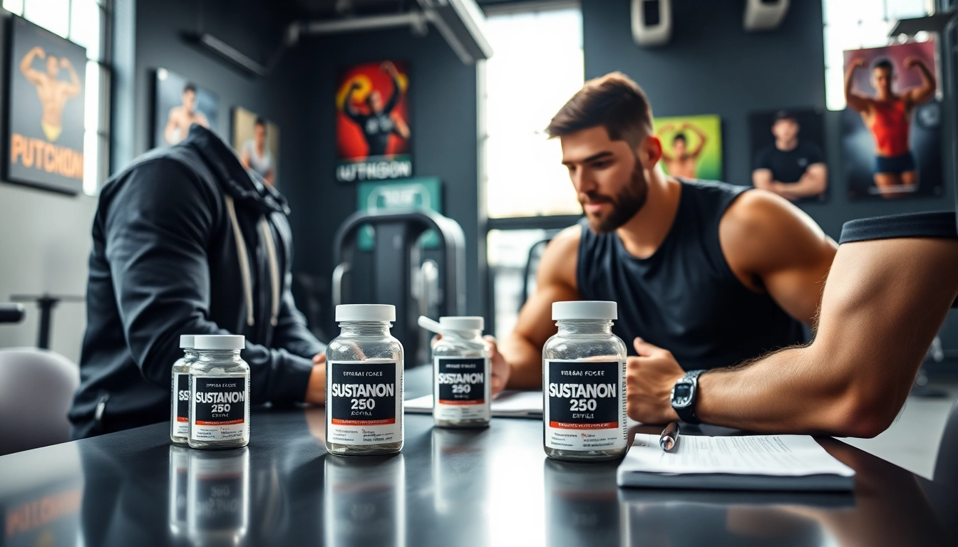 Sustanon 250 kaufen Beratung mit einem Fitnesscoach in modernem Umfeld