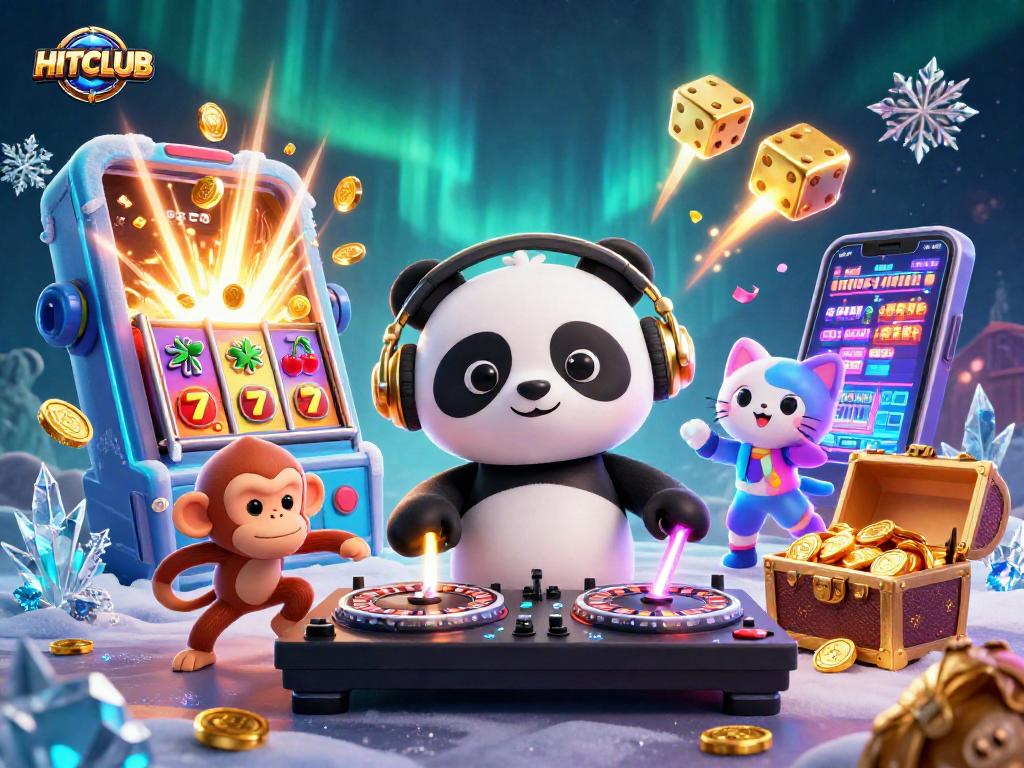 HITCLUB showcases a lively scene with characters engaging in a vibrant casino atmosphere, featuring jackpots and gaming excitement.