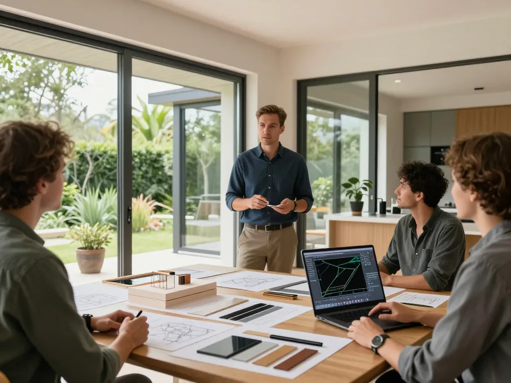 Architekt, der innovative Fensterbau-Designs in einer modernen Wohnumgebung mit großen Fenstern und Grünflächen diskutiert.