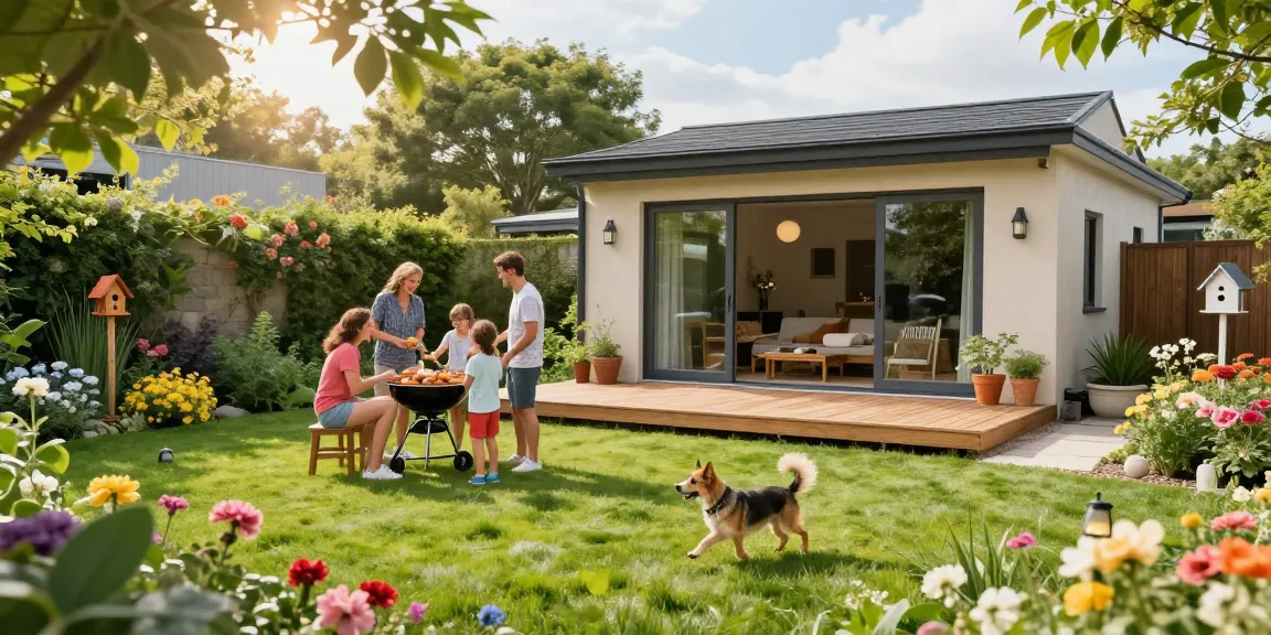 Garten Haus in einem blühenden Garten mit Familie beim Grillen, einladende Atmosphäre.