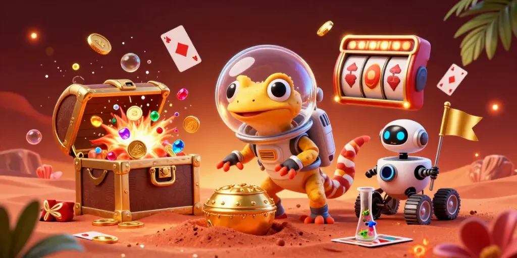 Engage with Khuyến mãi UK88 through a Martian gecko uncovering a golden casino in a thrilling space adventure.