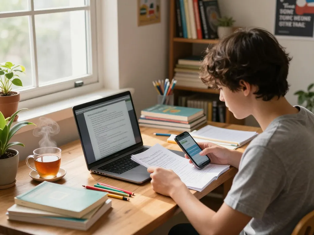 Schüler nutzt eine Hausaufgaben Scanner-App in einem gemütlichen Arbeitszimmer, um Hausaufgaben zu digitalisieren.