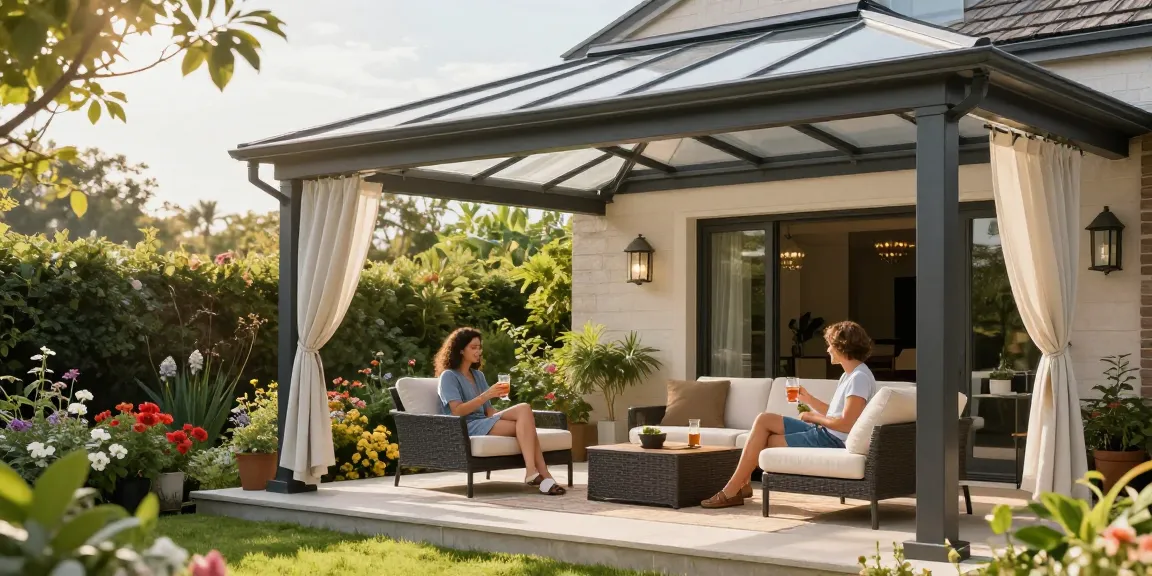 Terrassenüberdachung freistehend in einem schönen Garten mit einem Paar, das Getränke genießt.