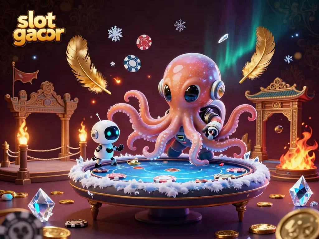 Experience slot gacor action with an alien octopus at a holographic poker table, enhancing the thrill of gaming.